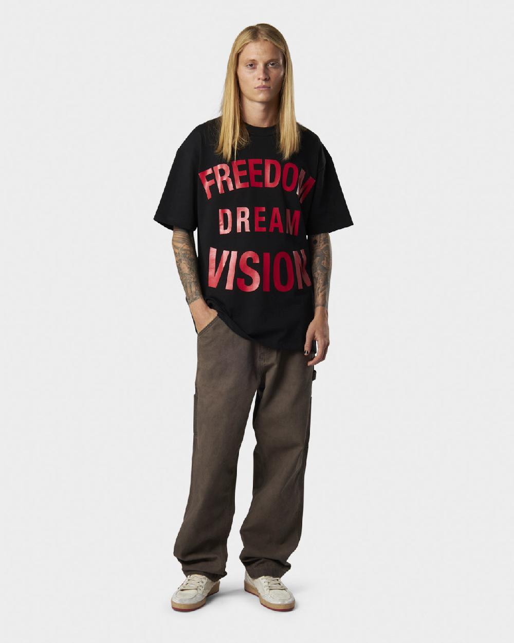 Vision Of Super BLACK T-SHIRT WITH FREEDOM PRINT ON FRONT AND METAL LABEL Pezzi Unici