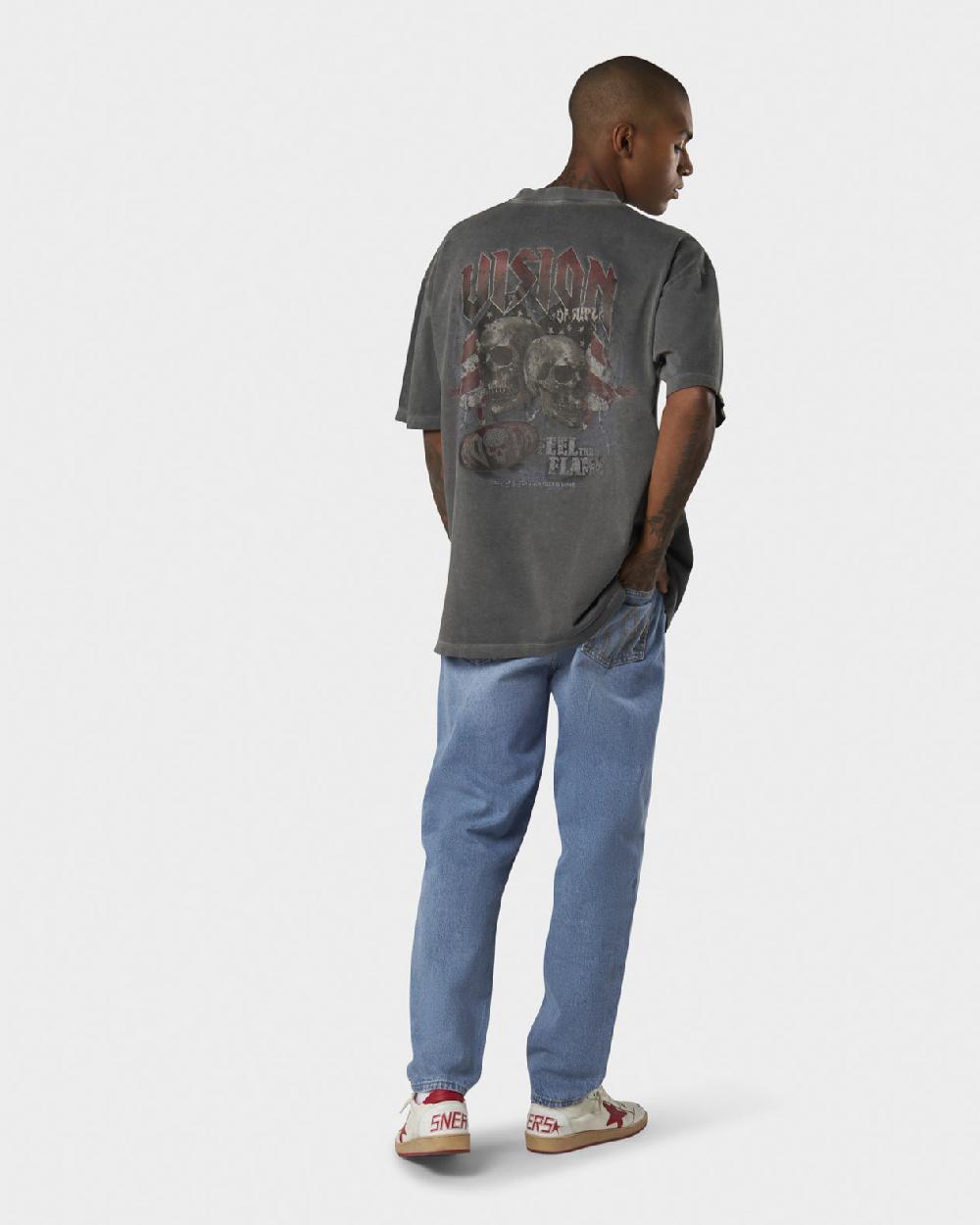 Vision Of Super COLD WASH T-SHIRT WITH COLORS FEEL ROCK SKULL PRINT ON BACK AND EMBROIDERED LOGO ON FRONT Soddisfazione Garantita