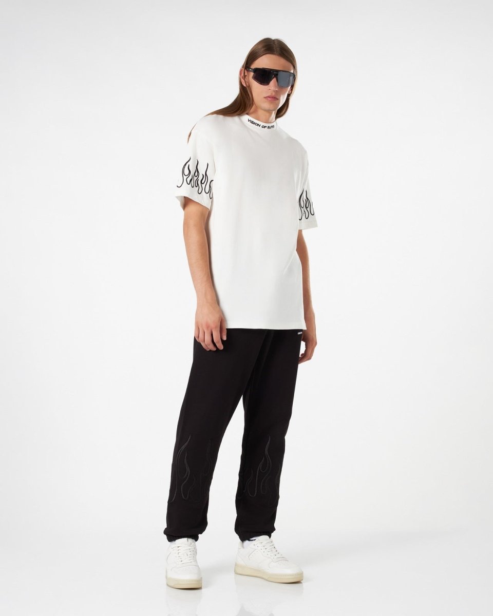 Vision Of Super WHITE T-SHIRT WITH BLACK EMBROIDERED FLAMES Sottocosto
