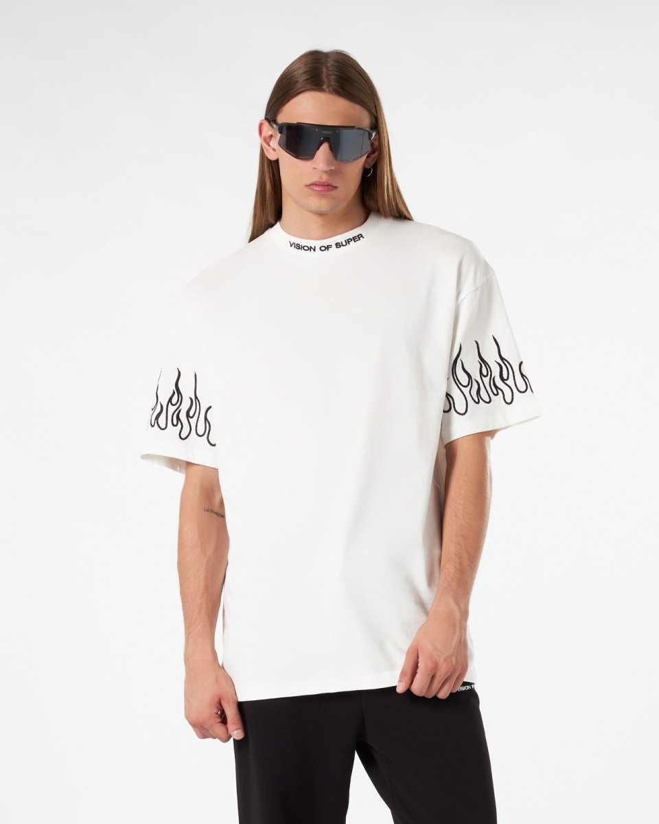 Vision Of Super WHITE T-SHIRT WITH BLACK EMBROIDERED FLAMES Sottocosto