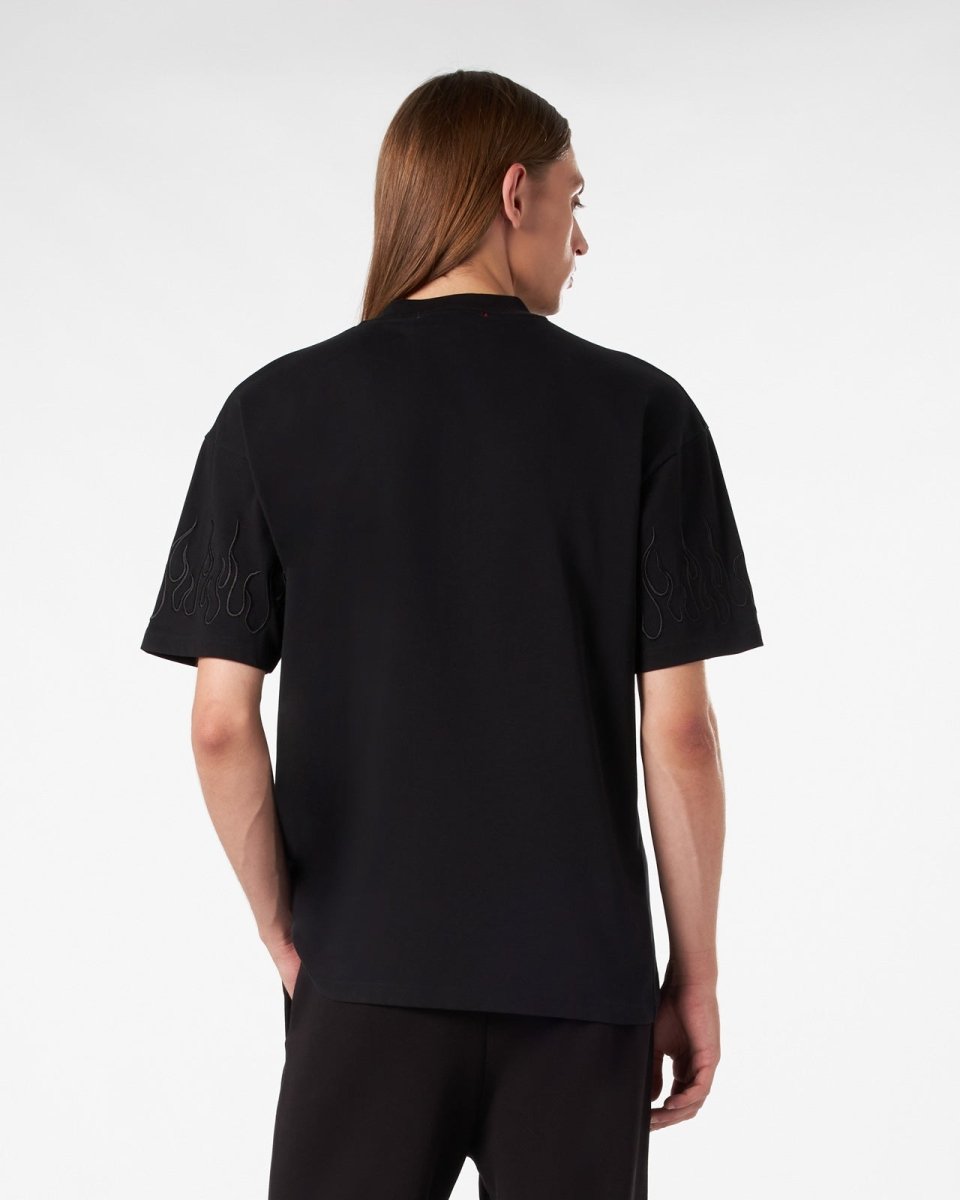 Vision Of Super BLACK T-SHIRT WITH BLACK EMBROIDERED FLAMES Convenienza