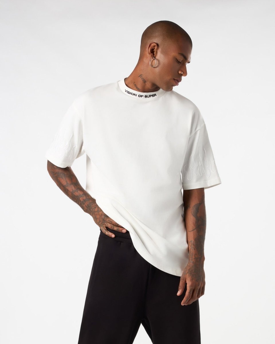 Vision Of Super WHITE T-SHIRT WITH WHITE EMBROIDERED FLAMES Novità