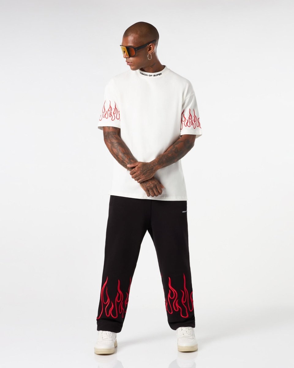 Vision Of Super WHITE T-SHIRT WITH RED EMBROIDERED FLAMES Presa