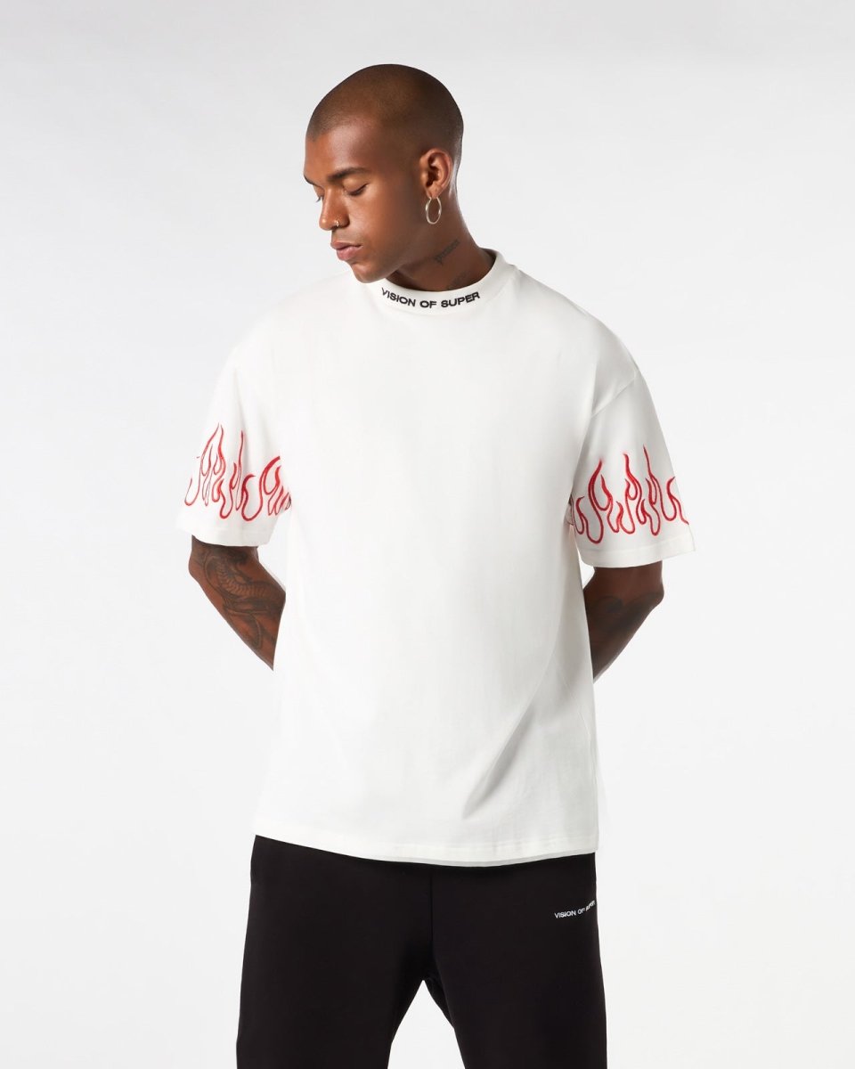 Vision Of Super WHITE T-SHIRT WITH RED EMBROIDERED FLAMES Presa