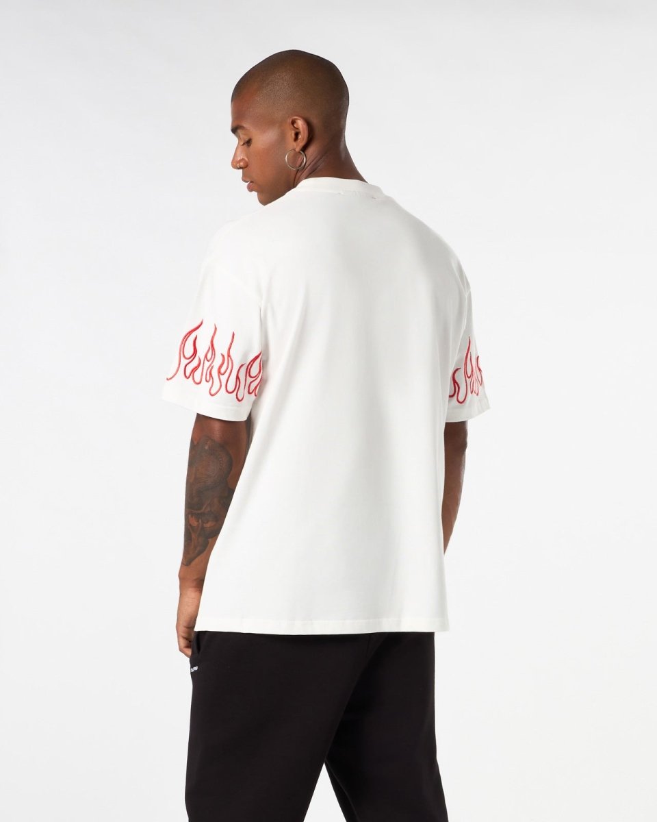 Vision Of Super WHITE T-SHIRT WITH RED EMBROIDERED FLAMES Presa