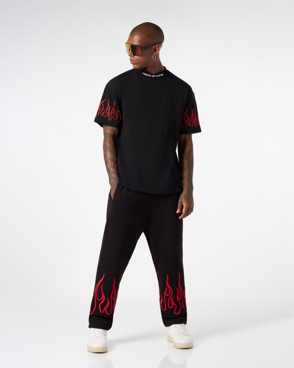 Vision Of Super BLACK T-SHIRT WITH RED EMBROIDERED FLAMES Sconto