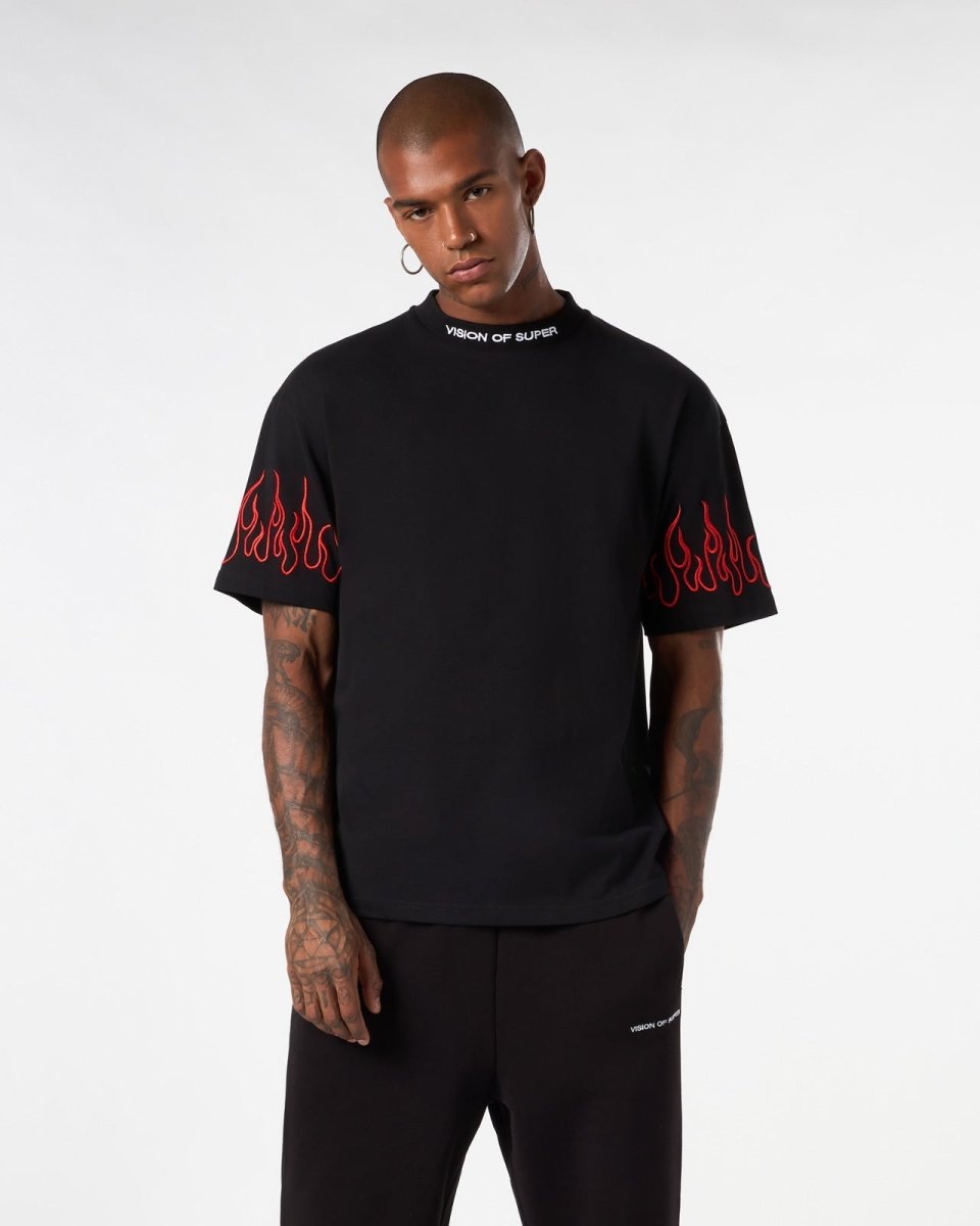 Vision Of Super BLACK T-SHIRT WITH RED EMBROIDERED FLAMES Sconto