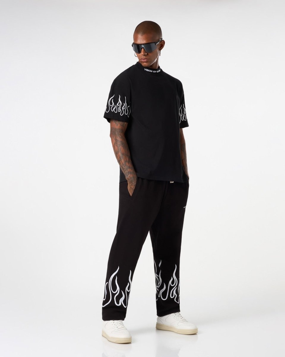 Vision Of Super BLACK T-SHIRT WITH WHITE EMBROIDERED FLAMES Offerta