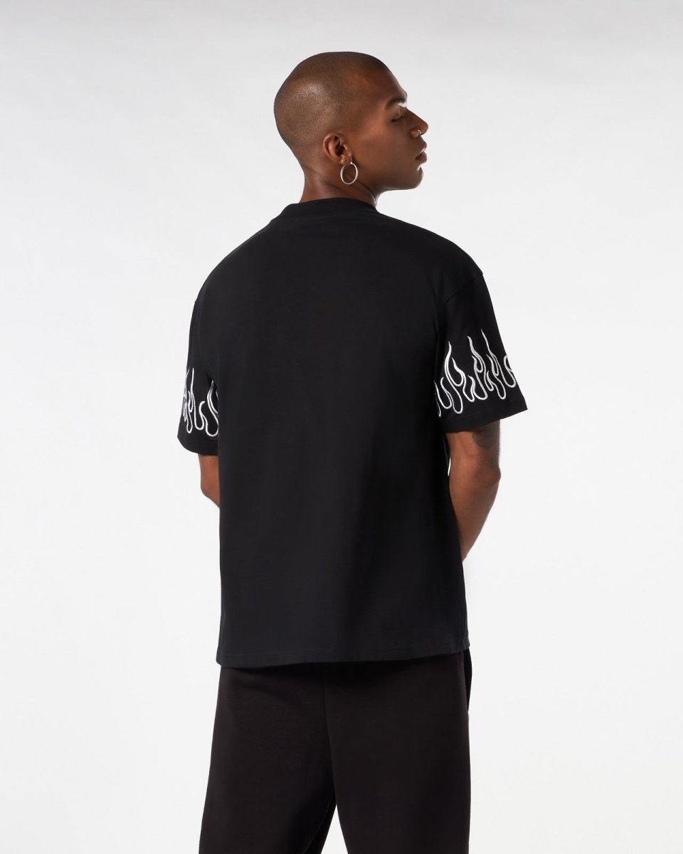 Vision Of Super BLACK T-SHIRT WITH WHITE EMBROIDERED FLAMES Offerta