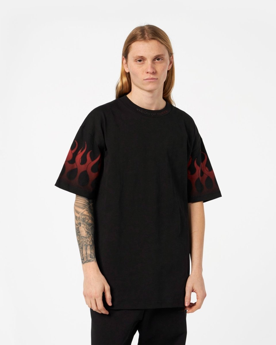 Vision Of Super BLACK T-SHIRT WITH RED FLAMES Economico