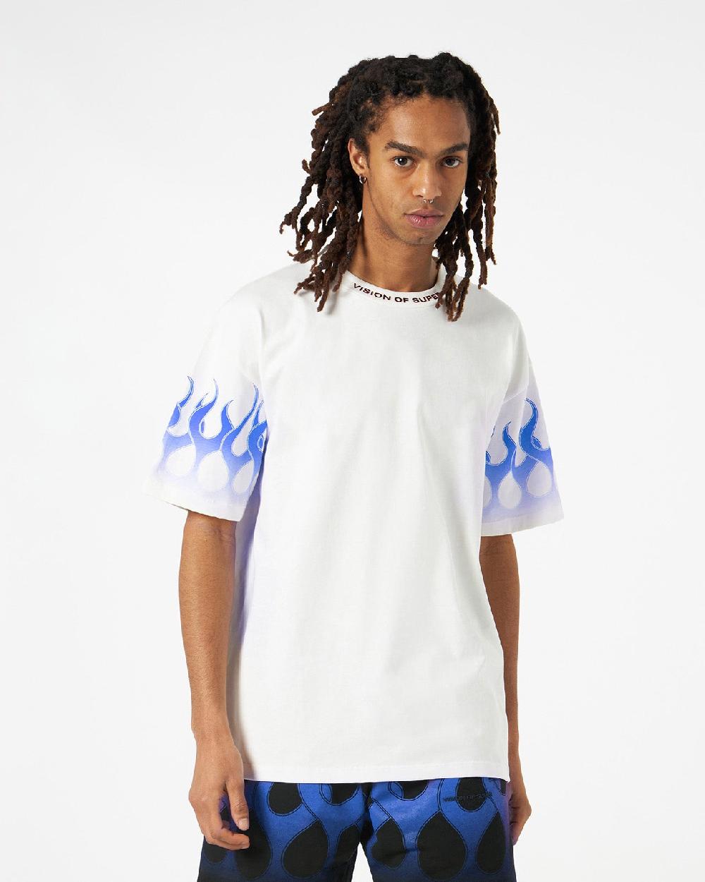 Vision Of Super WHITE T-SHIRT WITH BLUE FLAMES In Vendita
