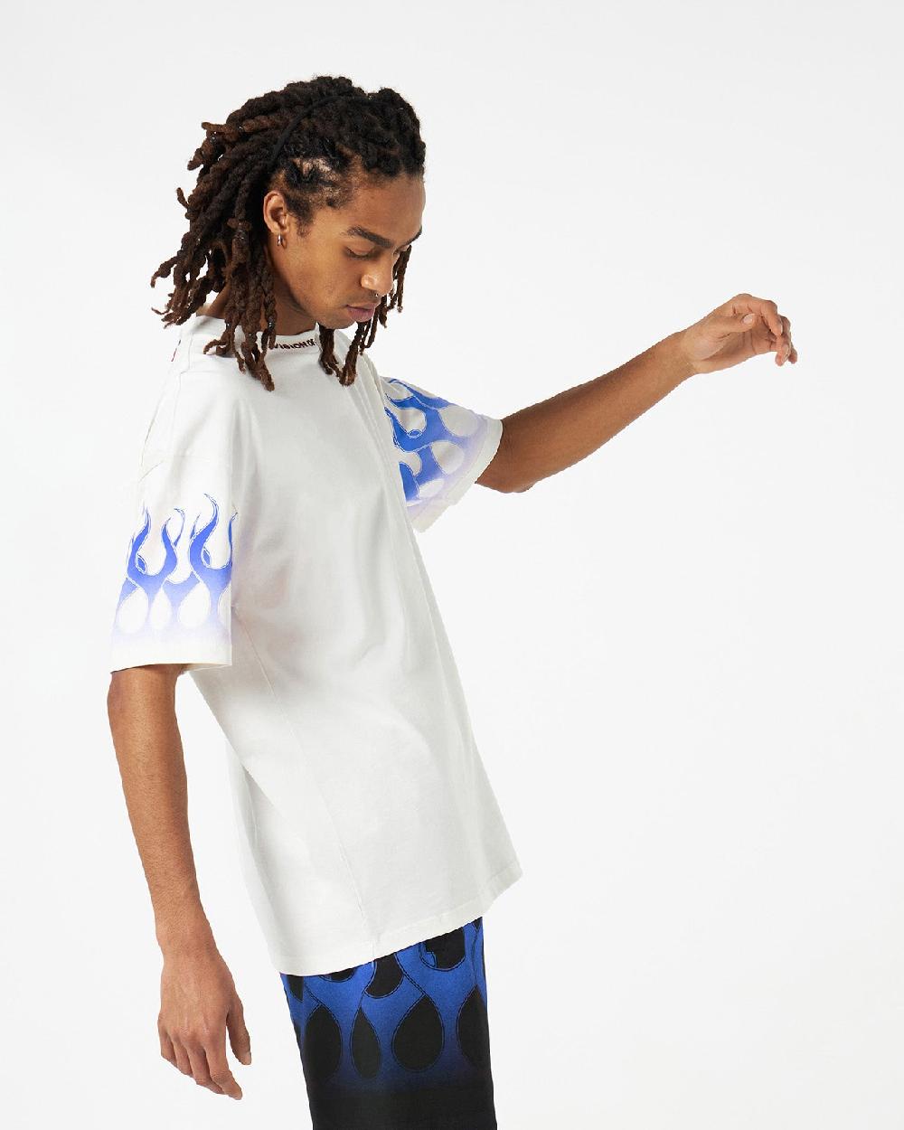 Vision Of Super WHITE T-SHIRT WITH BLUE FLAMES In Vendita