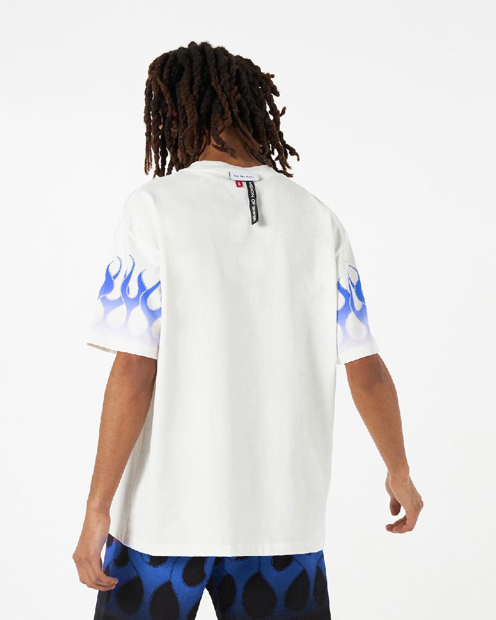 Vision Of Super WHITE T-SHIRT WITH BLUE FLAMES In Vendita