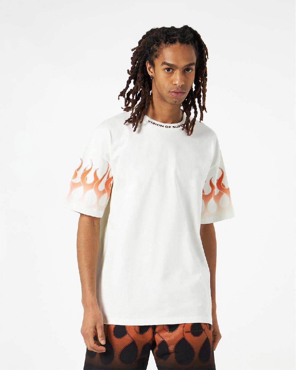 Vision Of Super WHITE T-SHIRT WITH ORANGE FLAMES Saldi