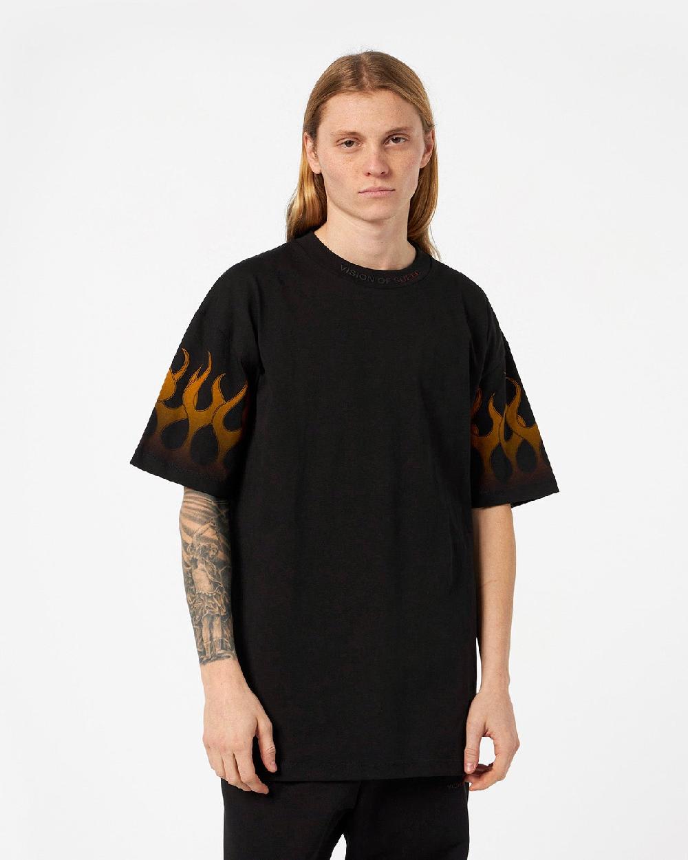 Vision Of Super BLACK T-SHIRT WITH ORANGE FLAMES Offerte