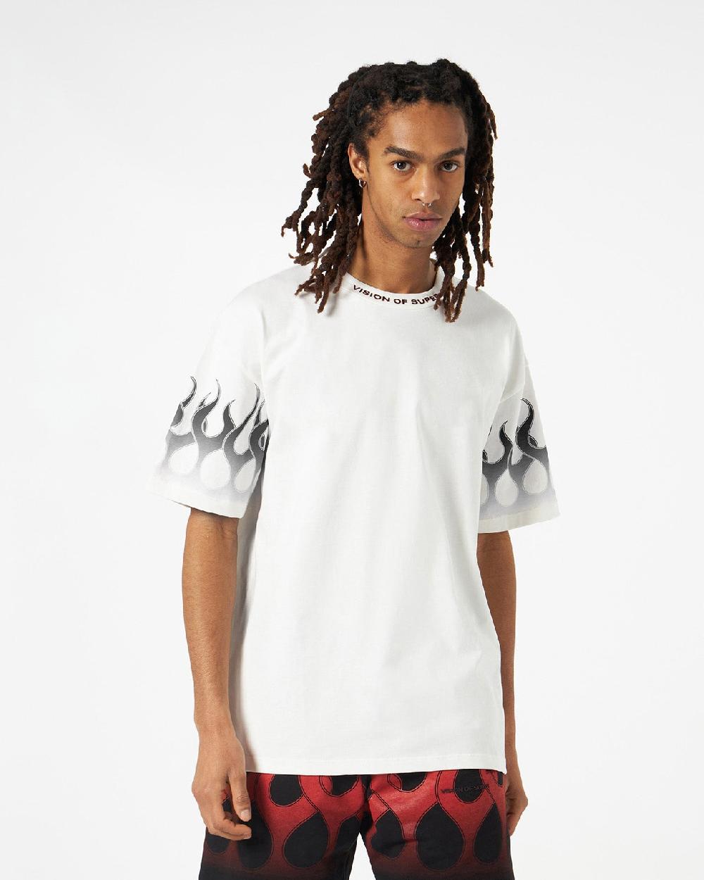 Vision Of Super WHITE T-SHIRT WITH BLACK FLAMES Vendita Calda
