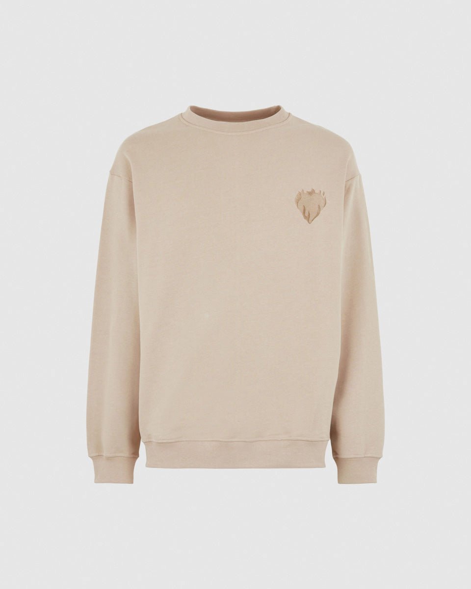 Vision Of Super LIGHT BROWN CREWNECK WITH EMBROIDERED FLAMING HEART Italy