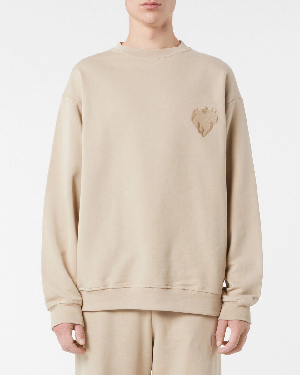 Vision Of Super LIGHT BROWN CREWNECK WITH EMBROIDERED FLAMING HEART Italy