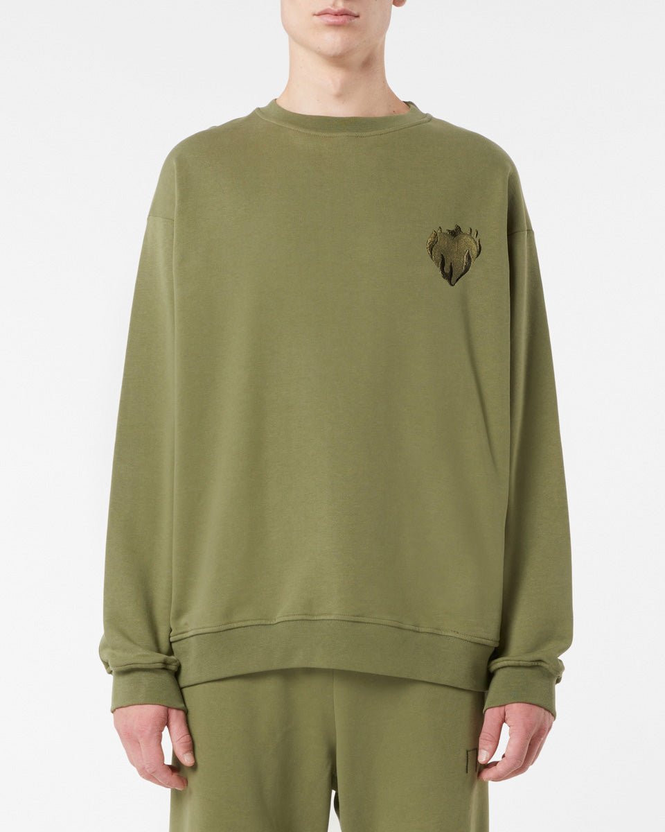 Vision Of Super GREEN CREWNECK WITH EMBROIDERED FLAMING HEART In Linea