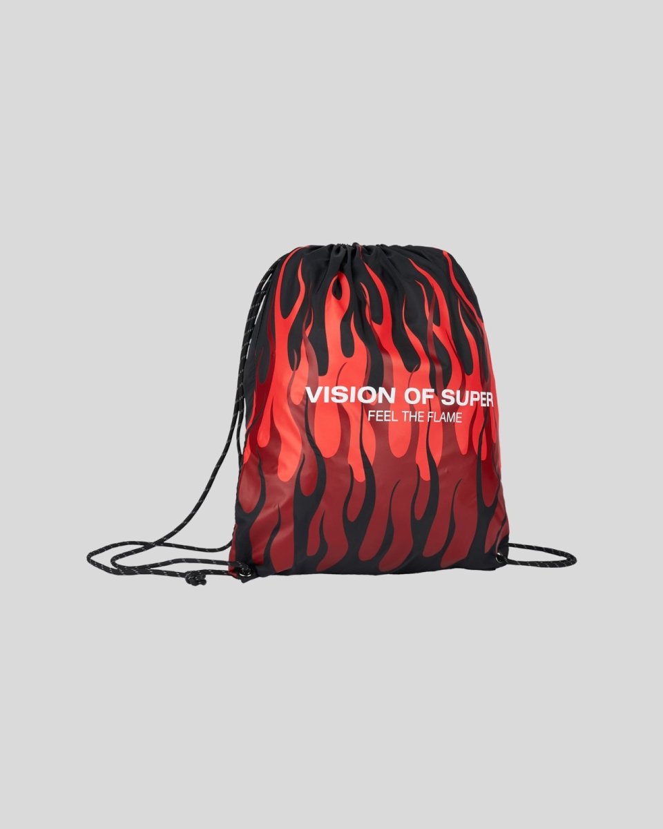 Vision Of Super BLACK DRAWSTRING BACKPACK WITH TRIPLE FLAMES AND LOGO PRINT Prezzo basso