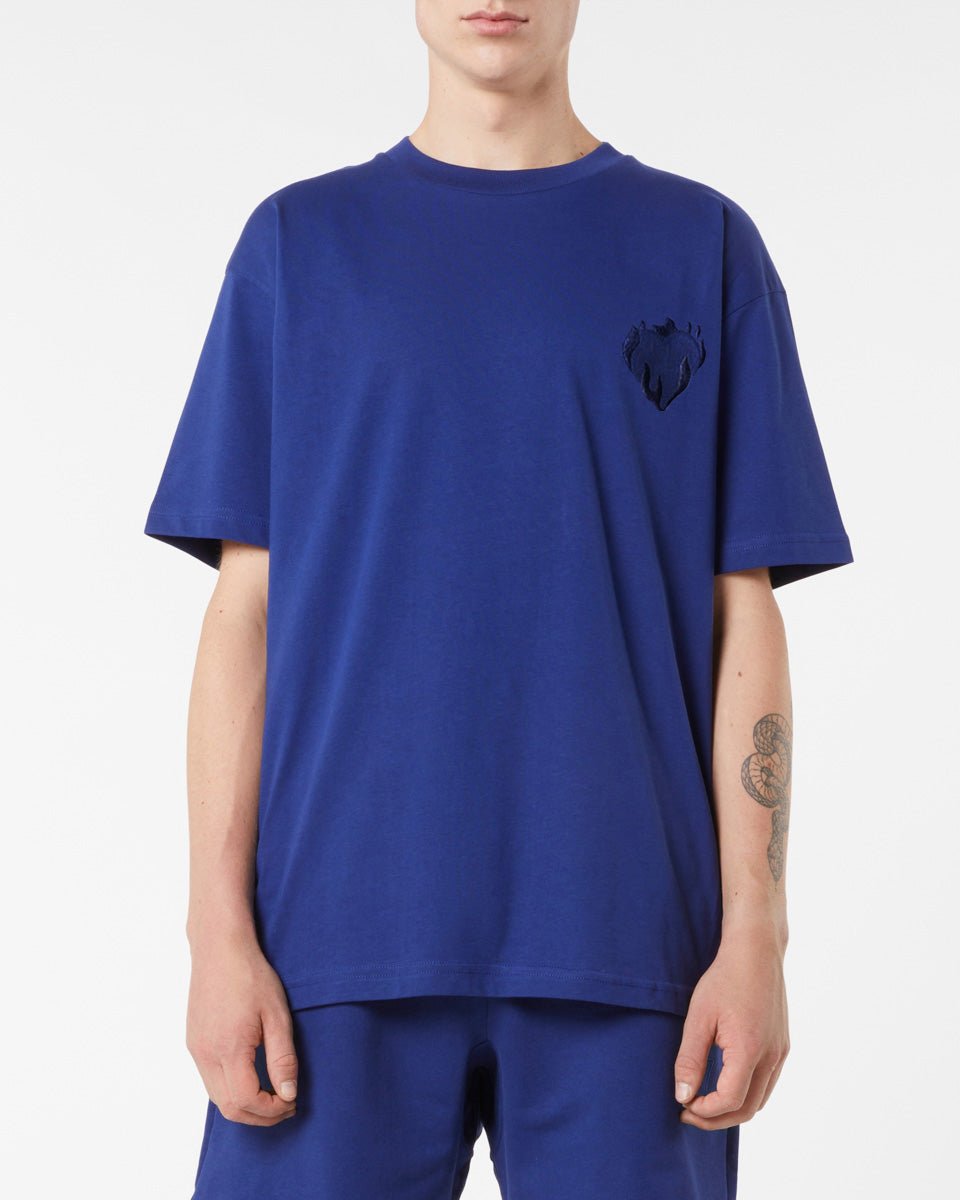 Vision Of Super BLUE T-SHIRT WITH EMBROIDERED FLAMING HEART Prezzo Ridotto