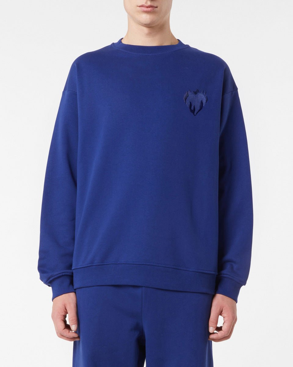 Vision Of Super BLUE CREWNECK WITH EMBROIDERED FLAMING HEART Vendita