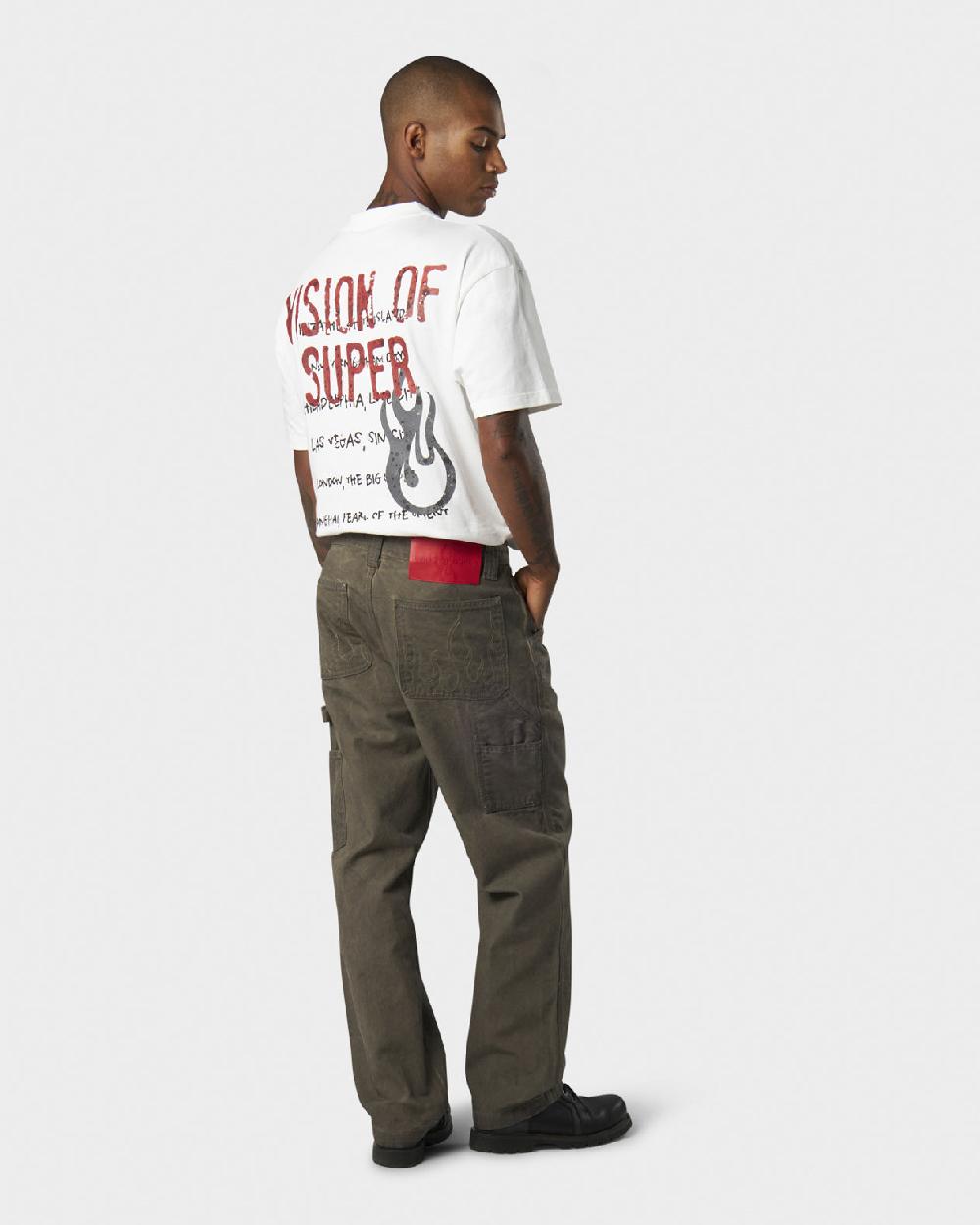 Vision Of Super MILITARY GREEN WASHED DENIM WITH EMBROIDERED FLAMES ON POCKET AND RED LABEL Qualità Garantita