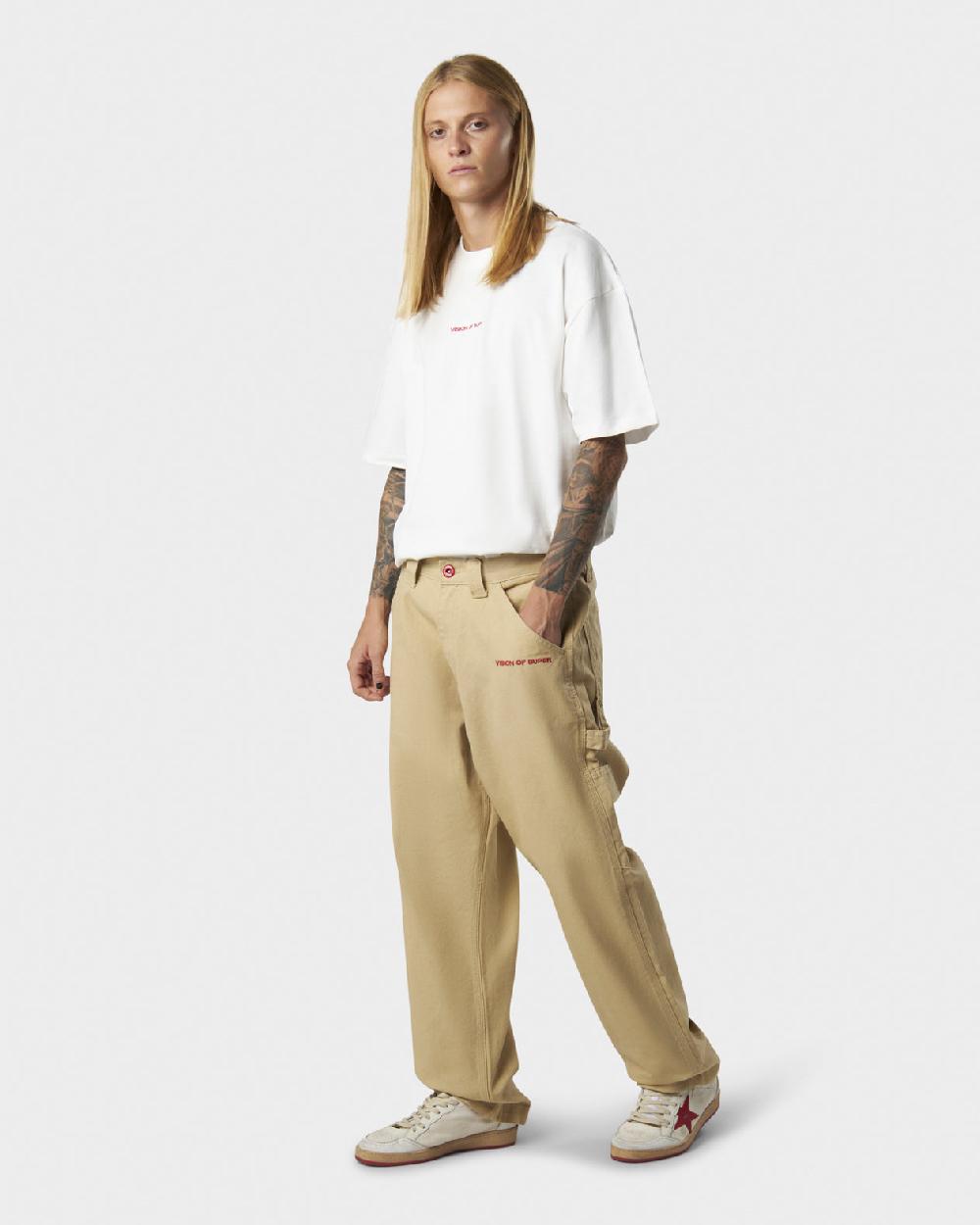 Vision Of Super BEIGE WORKER DENIM WITH EMBROIDERED FLAMES ON POCKETS AND RED NEW BIG LABEL Promozione Limitata