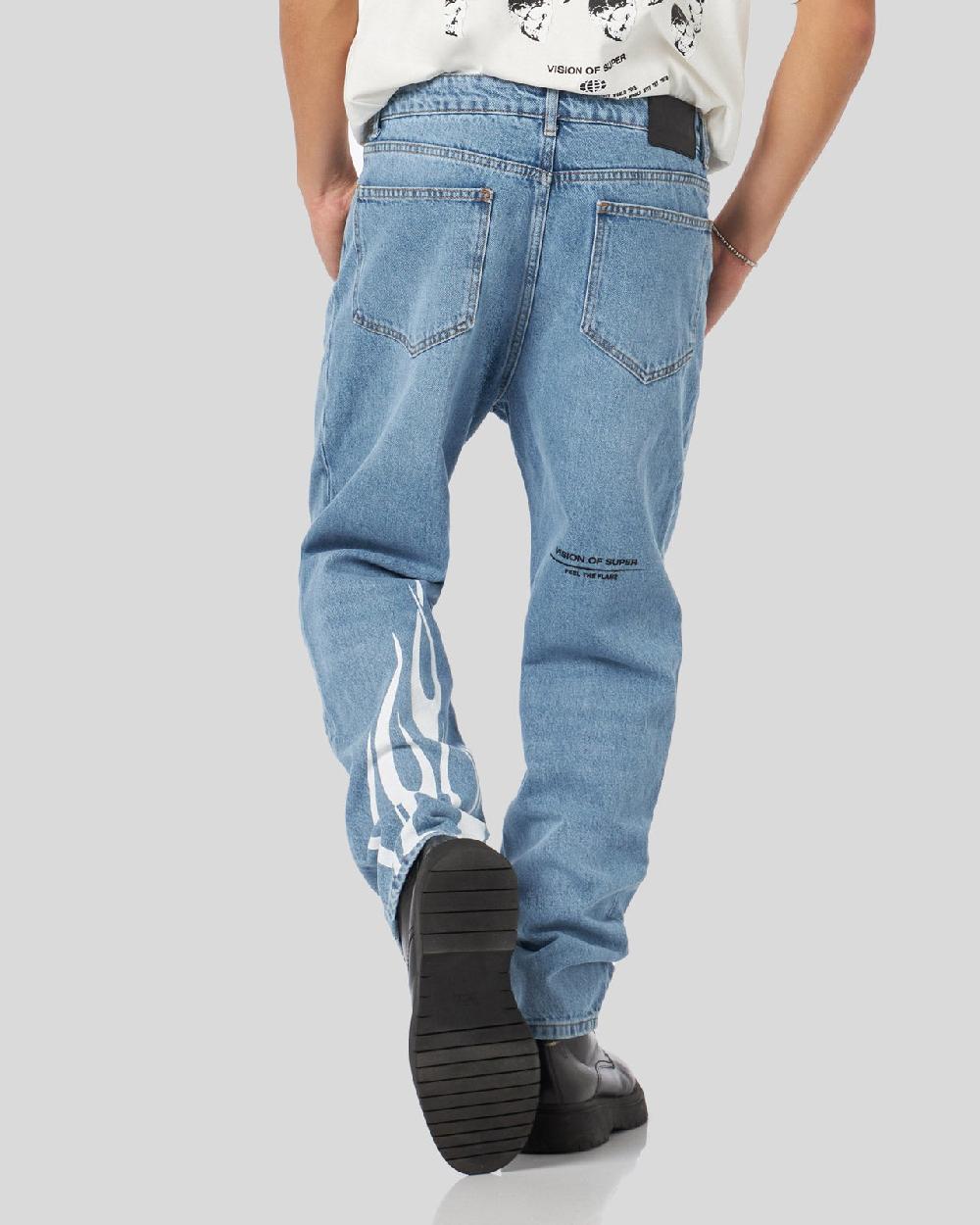 Vision Of Super BLUE DENIM JEANS WITH PRINTED FLAMES AND LOGO Sottocosto