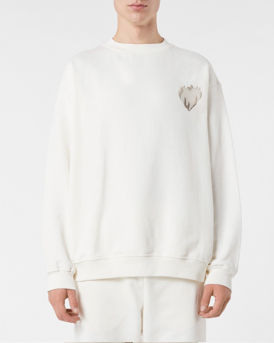 Vision Of Super OFF WHITE CREWNECK WITH EMBROIDERED FLAMING HEART Outlet