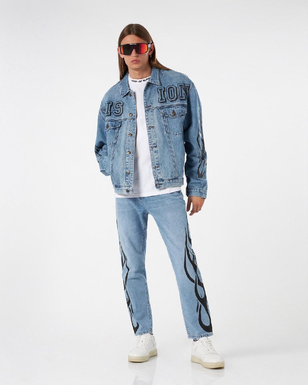 Vision Of Super BLUE DENIM JACKET WITH BLACK TRIBAL FLAMES I Più Venduti