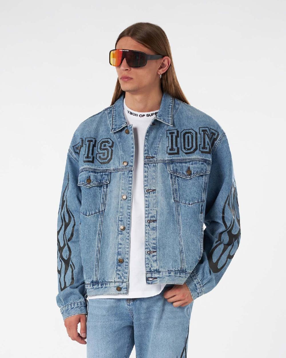 Vision Of Super BLUE DENIM JACKET WITH BLACK TRIBAL FLAMES I Più Venduti