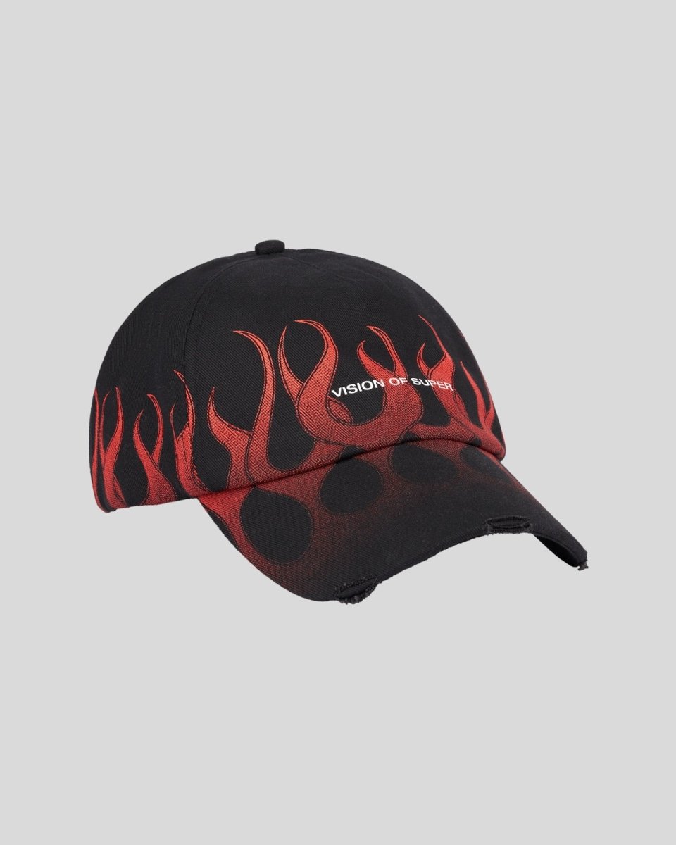 Vision Of Super BLACK CAP WITH RED FLAMES Vendite Flash
