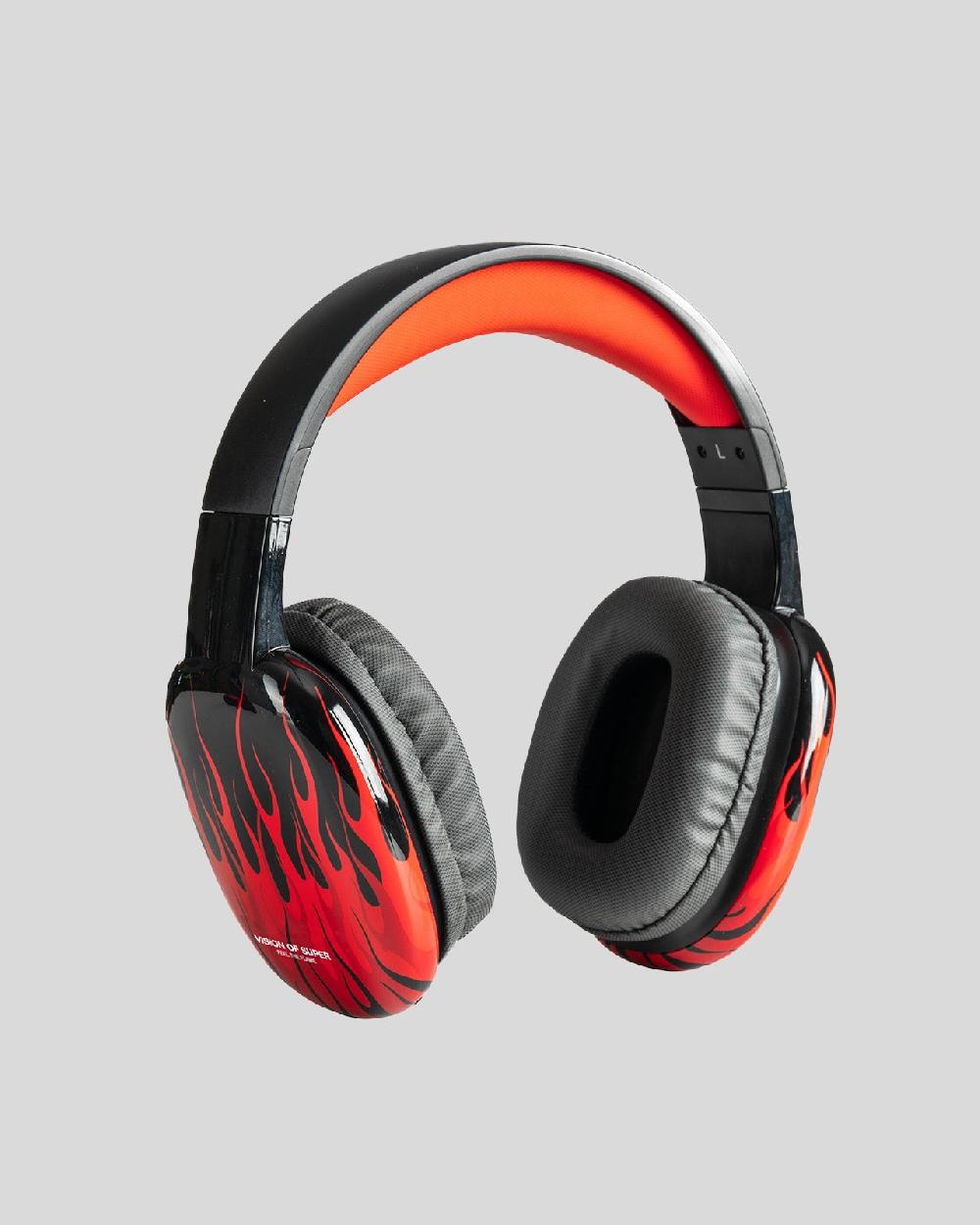 Vision Of Super BLACK HEADPHONES WITH RED FLAMES AND WHITE LOGO Moda