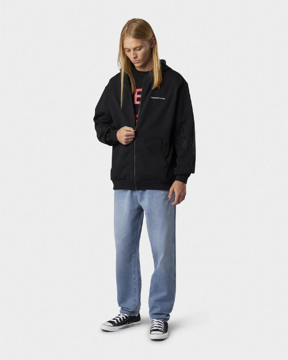 Vision Of Super BLACK HOODIE ZIP WITH EMBROIDERED WHITE LOGO BLACK FLAMES AND METAL LABEL + BUTTON Soddisfazione Garantita