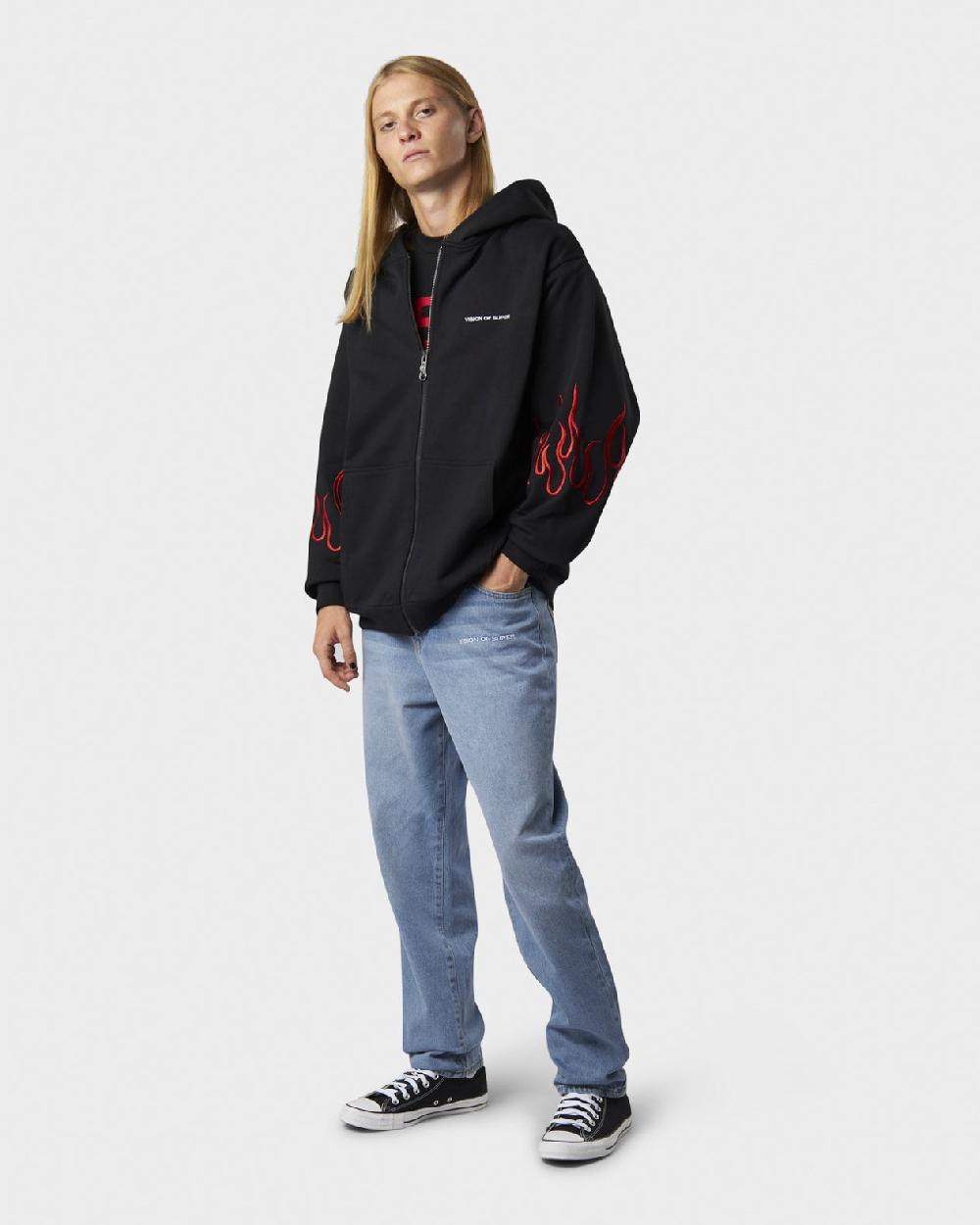 Vision Of Super BLACK HOODIE ZIP WITH EMBROIDERED WHITE LOGO EMBROIDERED RED FLAMES AND METAL LABEL + BUTTON Qualità Garantita