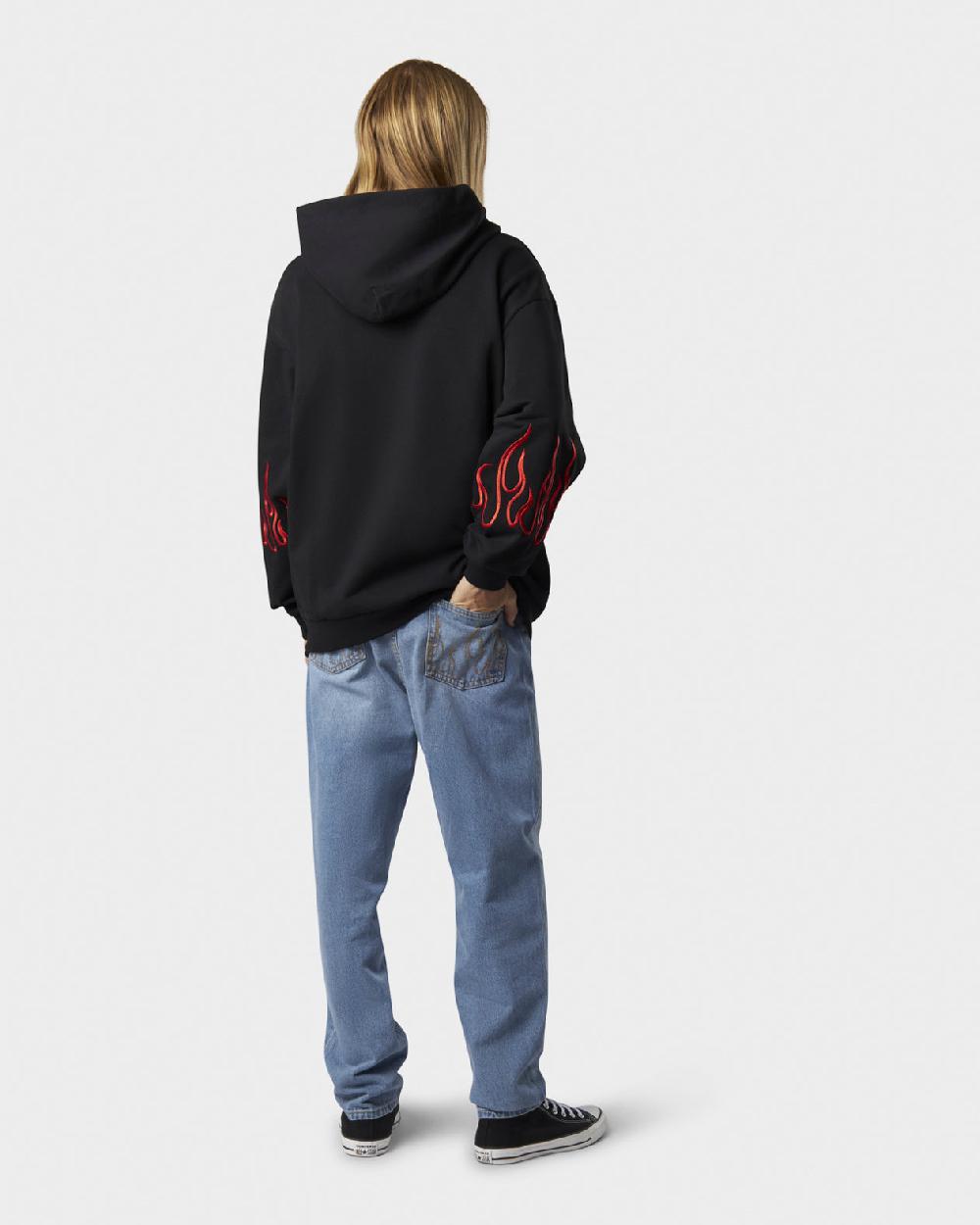 Vision Of Super BLACK HOODIE ZIP WITH EMBROIDERED WHITE LOGO EMBROIDERED RED FLAMES AND METAL LABEL + BUTTON Qualità Garantita