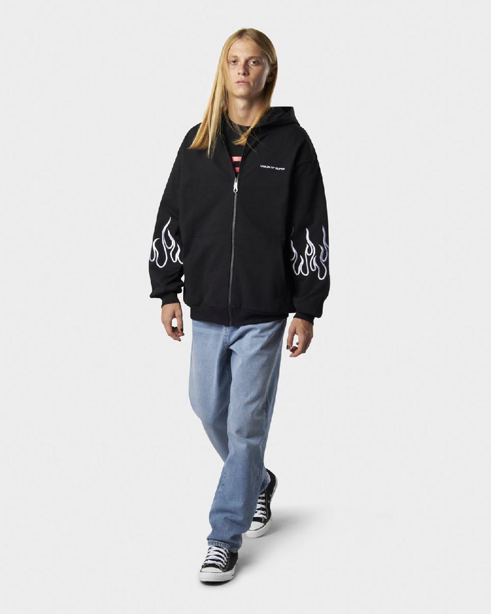 Vision Of Super BLACK HOODIE ZIP WITH EMBROIDERED WHITE LOGO EMBROIDERED WHITE FLAMES AND METAL LABEL + BUTTON Negozi Online
