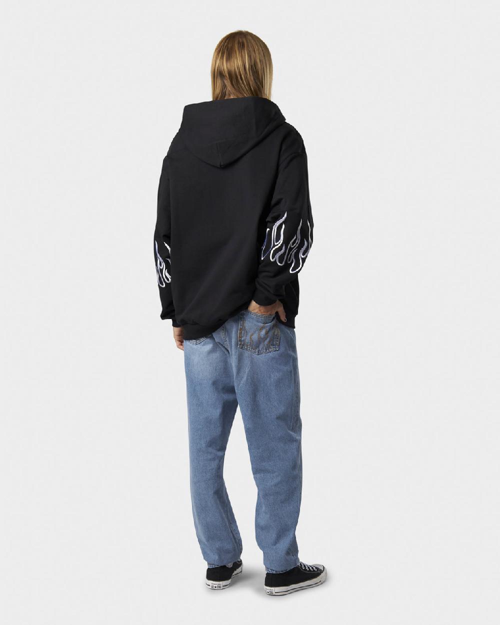 Vision Of Super BLACK HOODIE ZIP WITH EMBROIDERED WHITE LOGO EMBROIDERED WHITE FLAMES AND METAL LABEL + BUTTON Negozi Online