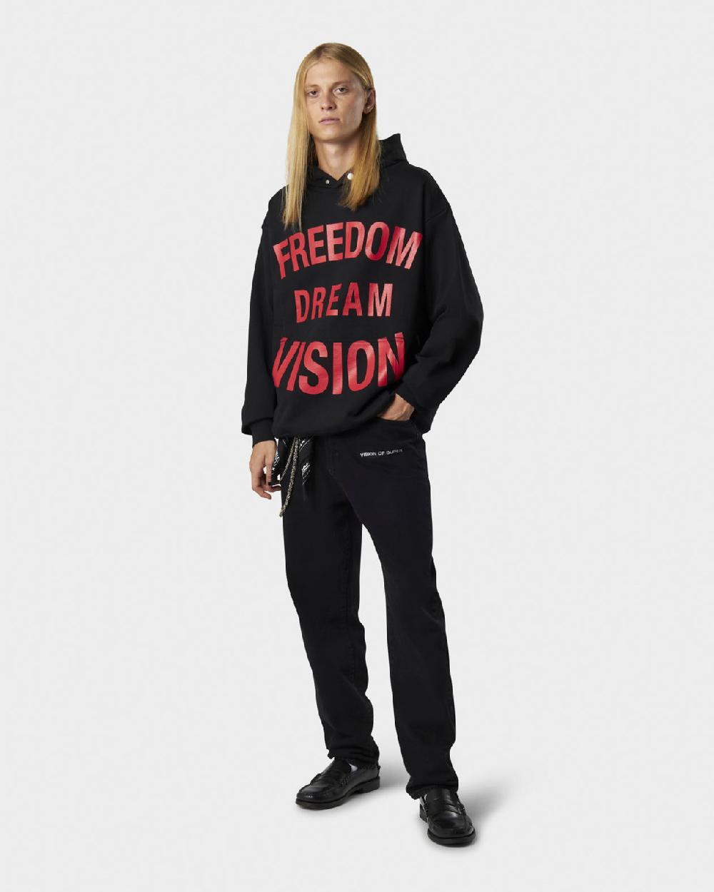 Vision Of Super BLACK HOODIE WITH FREEDOM PRINT METAL LABEL AND BUTTON Acquista Ora