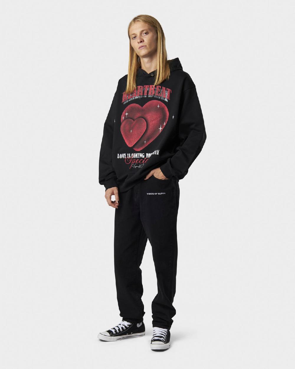 Vision Of Super BLACK HOODIE WITH HEARTBEAT PRINT ON FRONT AND METAL LABEL AND BUTTON Promozione Limitata