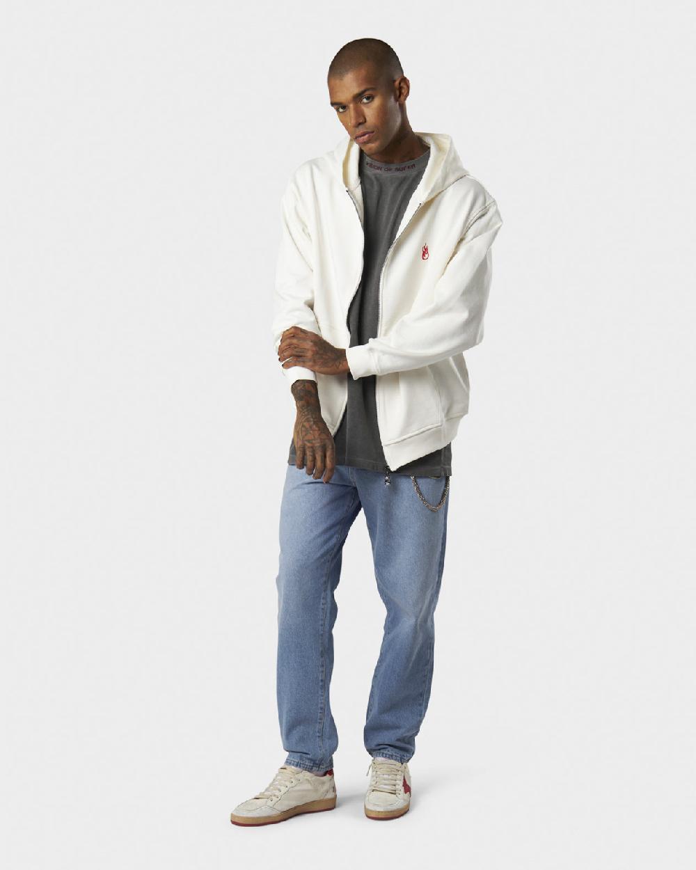 Vision Of Super WHITE HOODIE ZIP WITH RED FLAMES METAL LABEL AND PRINTED LOGO Affare Del Giorno
