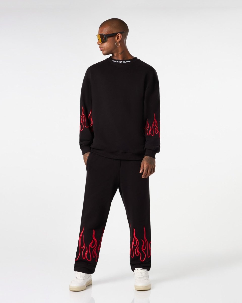 Vision Of Super BLACK CREWNECK WITH RED EMBROIDERED FLAMES Online
