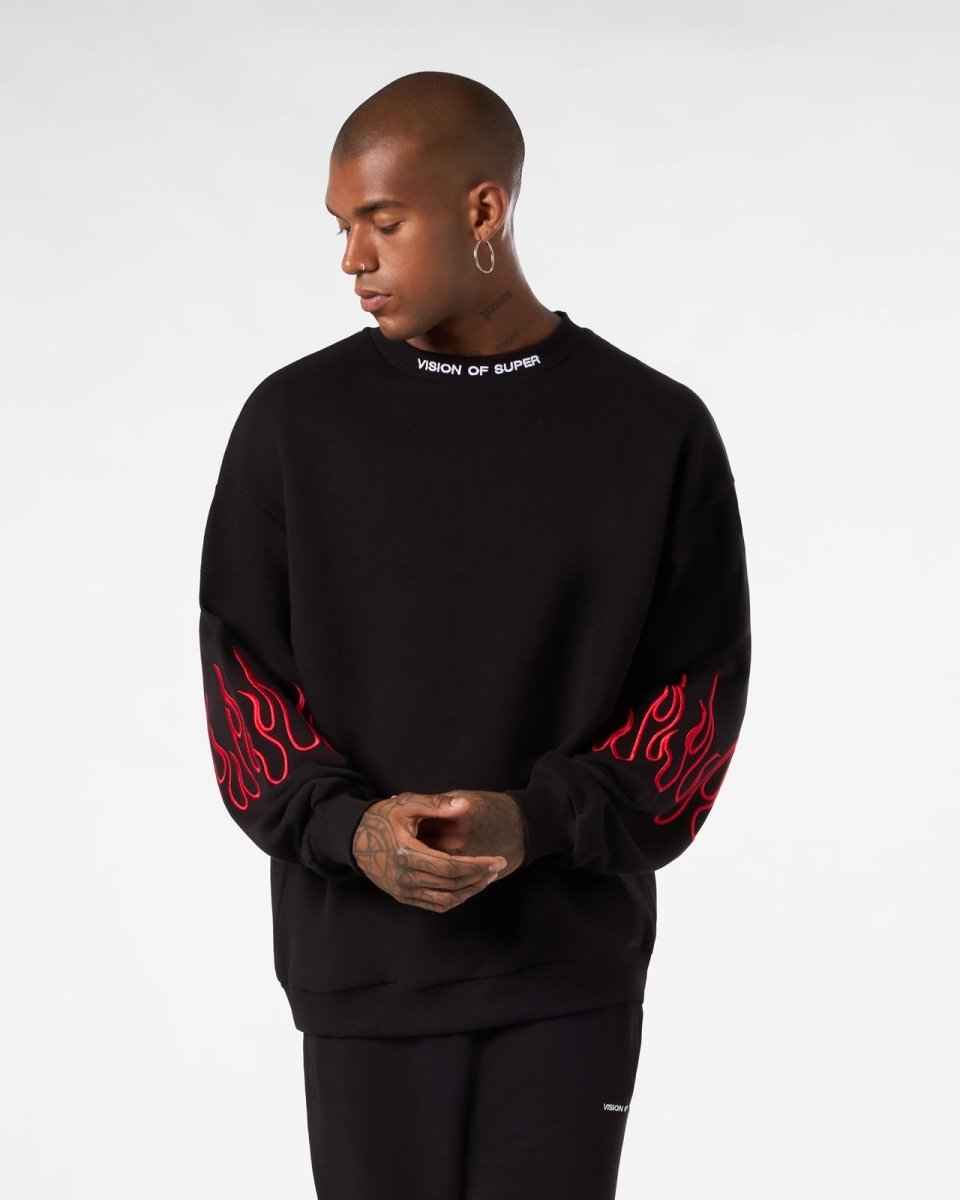Vision Of Super BLACK CREWNECK WITH RED EMBROIDERED FLAMES Online