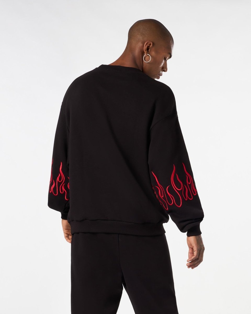 Vision Of Super BLACK CREWNECK WITH RED EMBROIDERED FLAMES Online