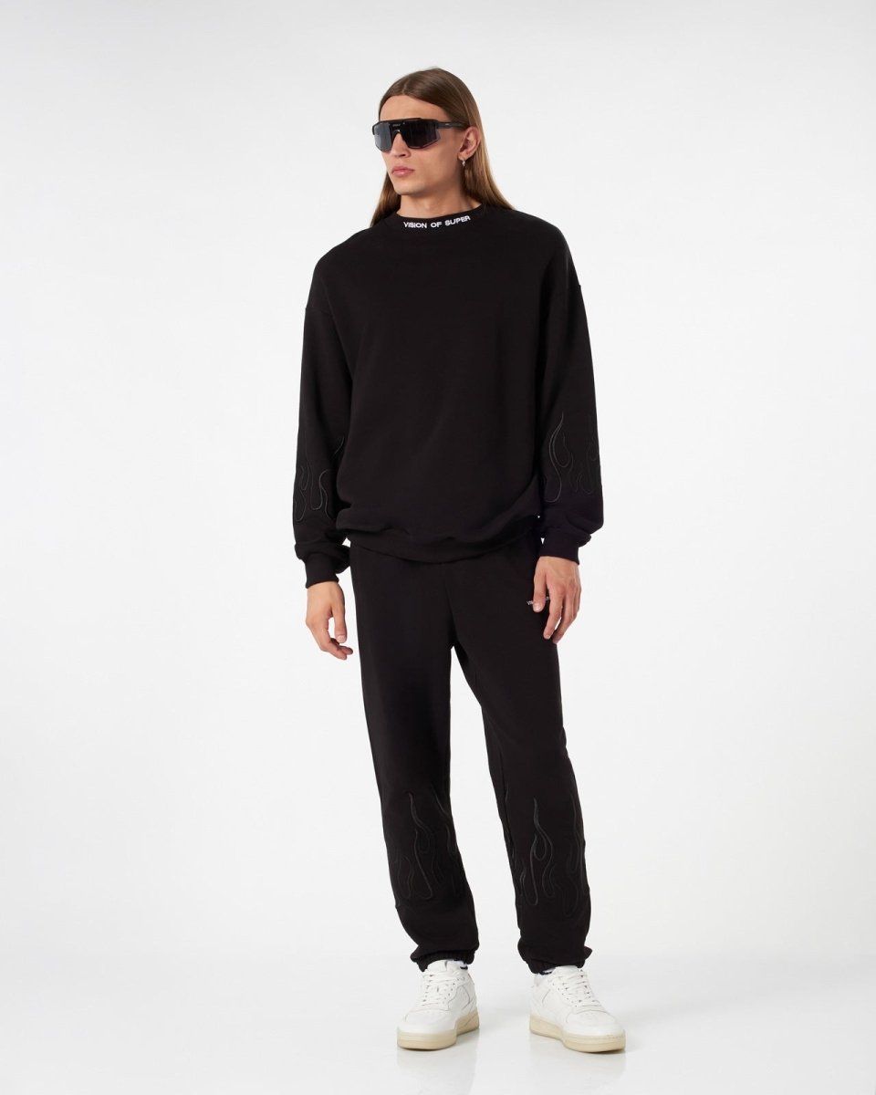 Vision Of Super BLACK CREWNECK WITH BLACK EMBROIDERED FLAMES Outlet