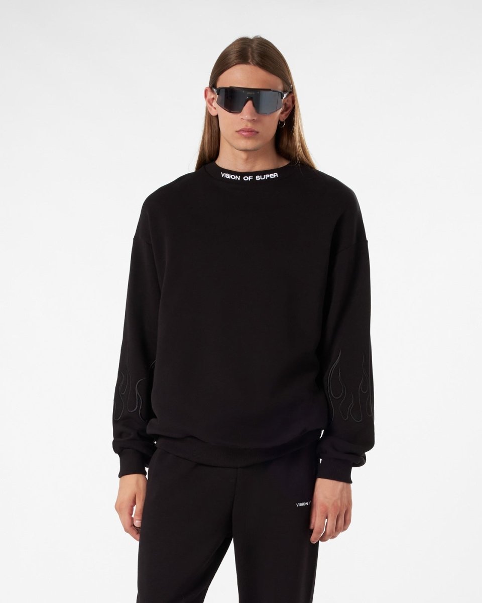 Vision Of Super BLACK CREWNECK WITH BLACK EMBROIDERED FLAMES Outlet