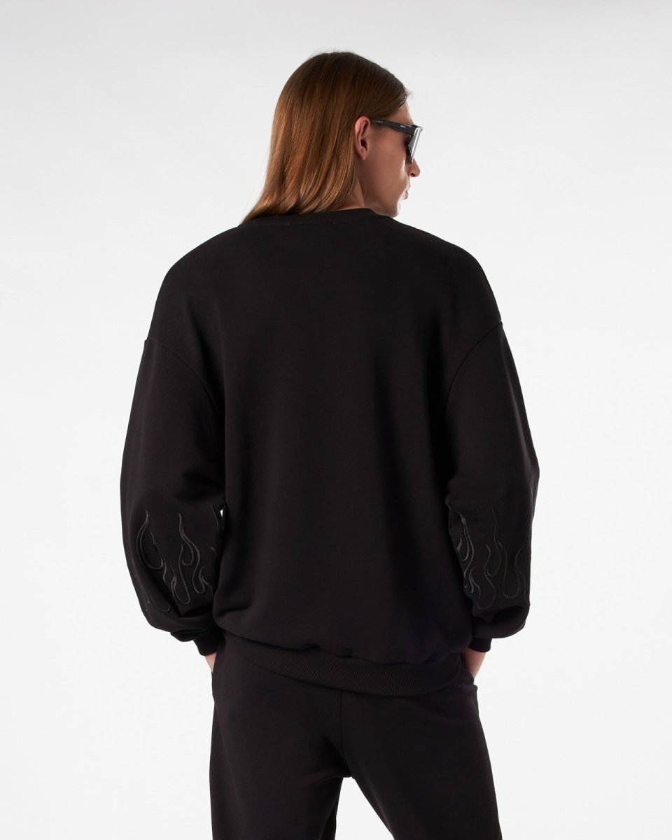 Vision Of Super BLACK CREWNECK WITH BLACK EMBROIDERED FLAMES Outlet