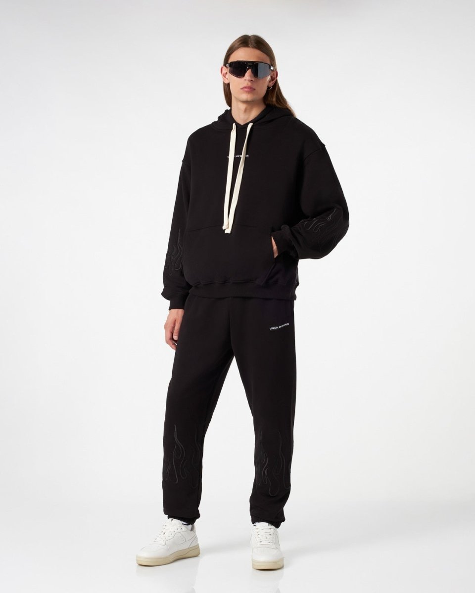 Vision Of Super BLACK HOODIE WITH BLACK EMBROIDERED FLAMES In Vendita