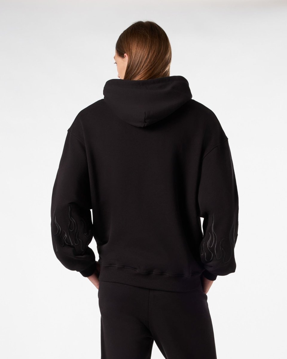 Vision Of Super BLACK HOODIE WITH BLACK EMBROIDERED FLAMES In Vendita